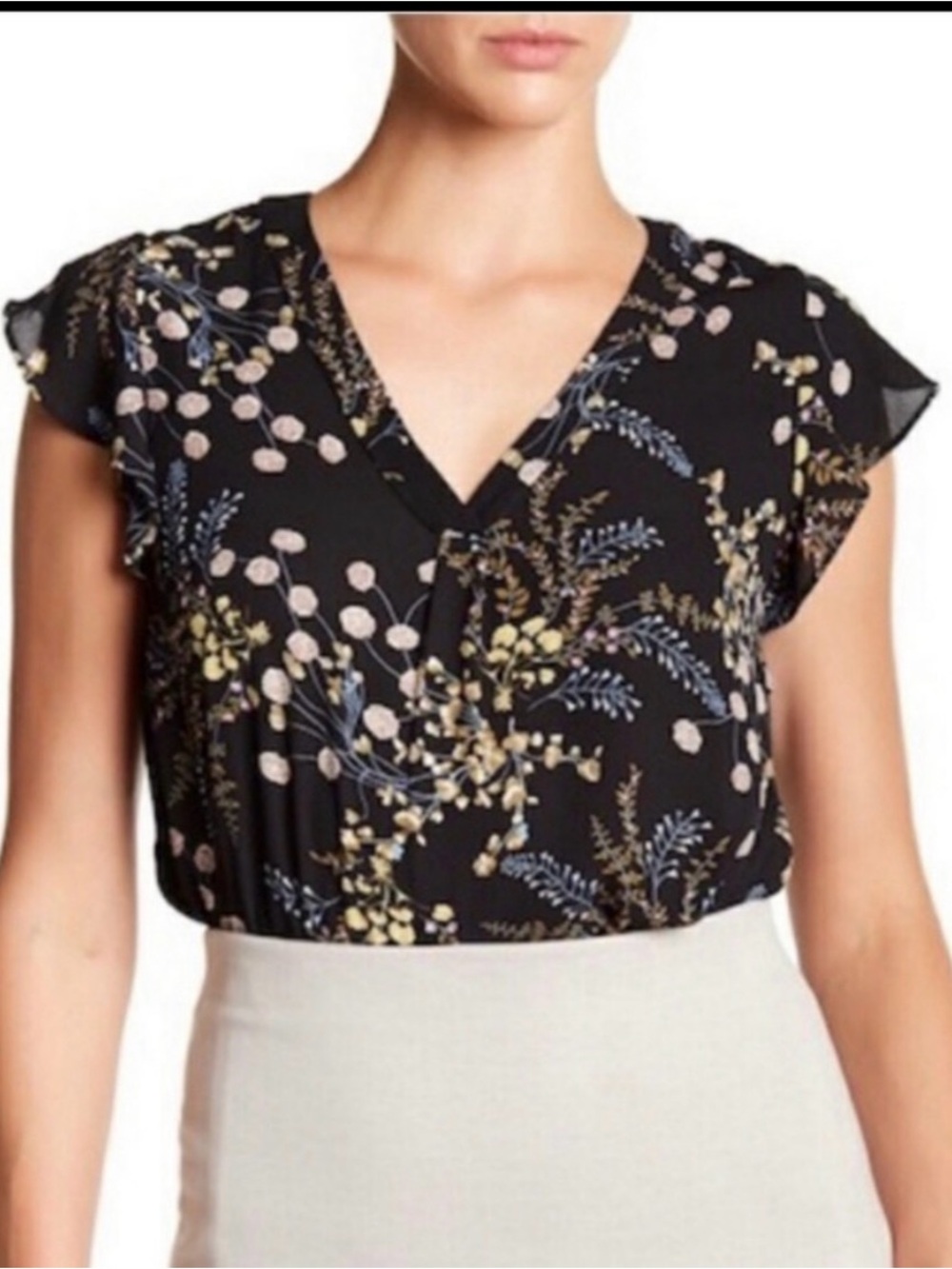 Philosophy Black Floral Ruffle-Sleeve V-Neck Blouse - XL
